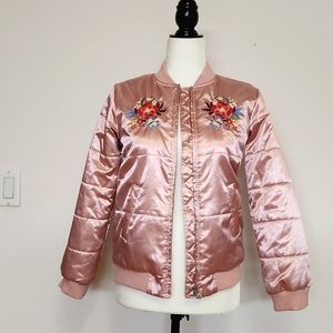 Gap Kids Champagne Embroidered Floral Bomber Jacket